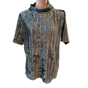 Loft Womens Silver Green Pleated Velvet Mock Neck Top Large Short Sleeve Blouse